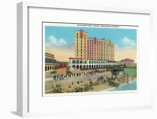 Galveston, Texas - Exterior View of the Buccaneer Hotel from Seawall Blvd and the Beach, c.1947-Lantern Press-Framed Art Print