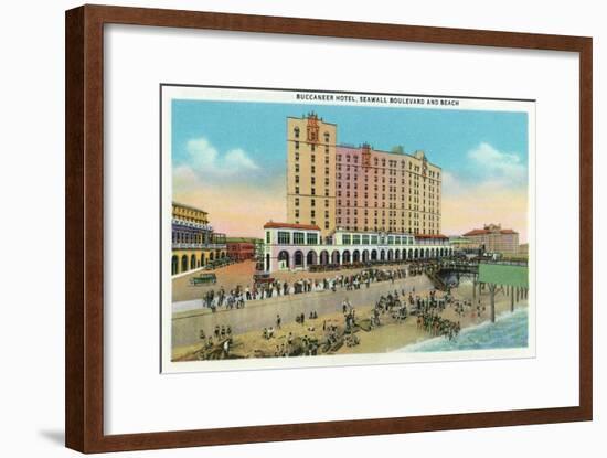 Galveston, Texas - Exterior View of the Buccaneer Hotel from Seawall Blvd and the Beach, c.1947-Lantern Press-Framed Art Print