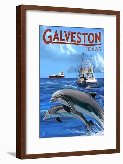 Galveston, Texas - Fishing Boat with Freighter and Dolphins-Lantern Press-Framed Art Print