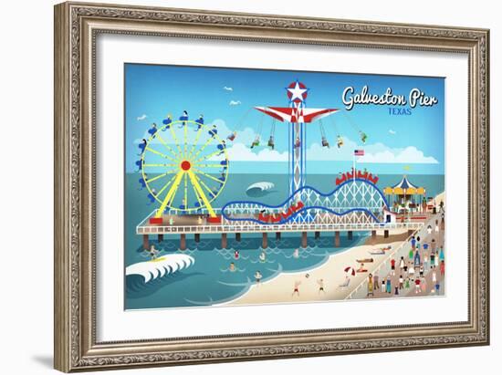 Galveston, Texas - Retro Pier-Lantern Press-Framed Art Print