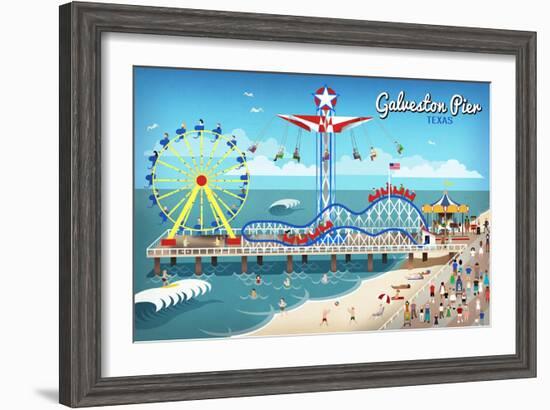 Galveston, Texas - Retro Pier-Lantern Press-Framed Art Print