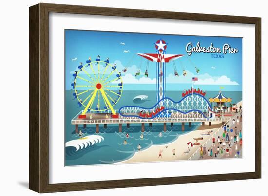 Galveston, Texas - Retro Pier-Lantern Press-Framed Art Print