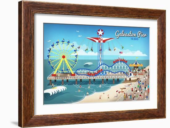 Galveston, Texas - Retro Pier-Lantern Press-Framed Art Print