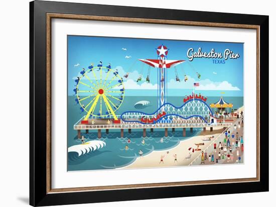 Galveston, Texas - Retro Pier-Lantern Press-Framed Art Print