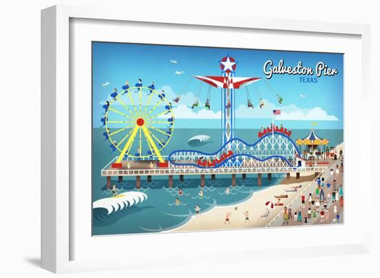 Galveston, Texas - Retro Pier-Lantern Press-Framed Art Print