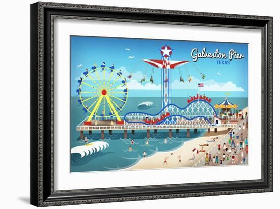 Galveston, Texas - Retro Pier-Lantern Press-Framed Art Print