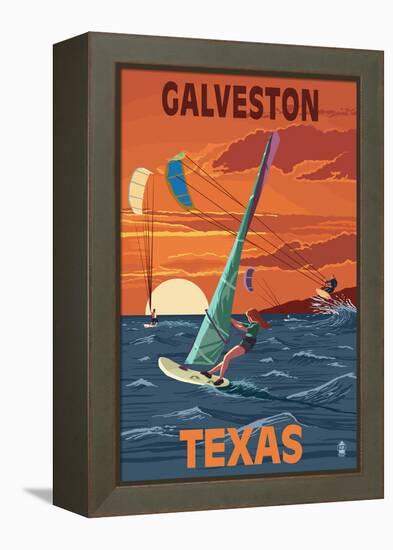 Galveston, Texas - Windsurfers and Sunset-Lantern Press-Framed Stretched Canvas