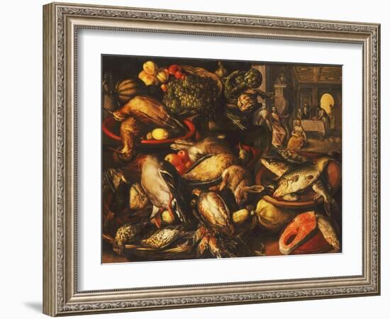 Game, Fish, Fruit and Vegetables in Baskets and Bowls in a Larder-Joachim Beuckelaer-Framed Giclee Print