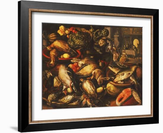 Game, Fish, Fruit and Vegetables in Baskets and Bowls in a Larder-Joachim Beuckelaer-Framed Giclee Print