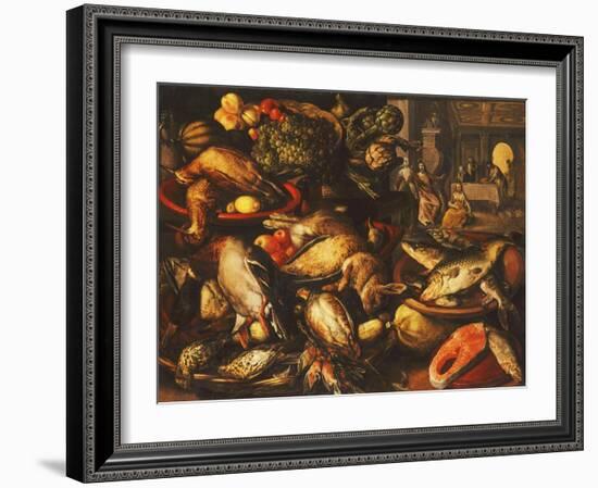 Game, Fish, Fruit and Vegetables in Baskets and Bowls in a Larder-Joachim Beuckelaer-Framed Giclee Print