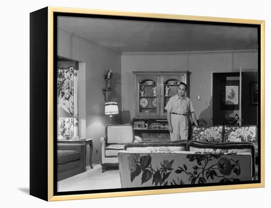 Gangster Mickey Cohen Standing in His Lavishly Furnished Living Room-Ed Clark-Framed Premier Image Canvas