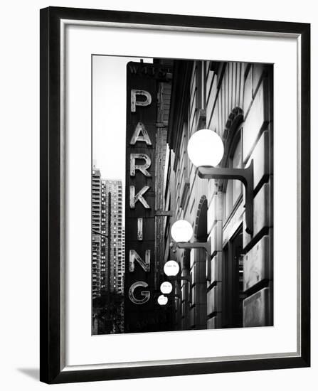 Garage Parking Sign, W 43St, Times Square, Manhattan, New York, US, Black and White Photography-Philippe Hugonnard-Framed Photographic Print