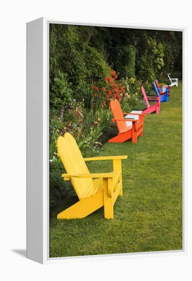 Garden Bench, Schreiner's Iris Gardens, Keizer, Oregon, USA-Rick A. Brown-Framed Premier Image Canvas