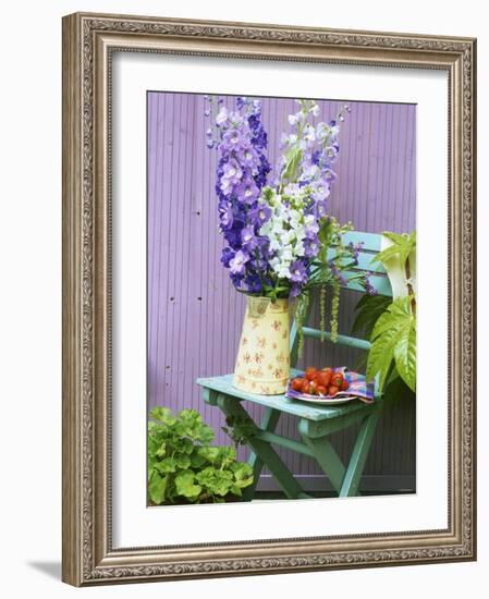 Garden Chair with Delphiniums and Plate of Strawberries-Linda Burgess-Framed Photographic Print