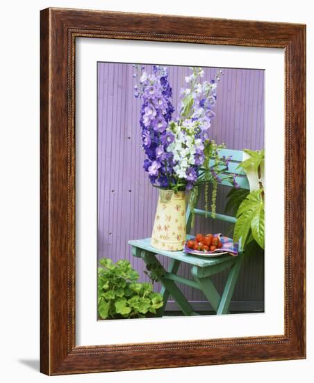 Garden Chair with Delphiniums and Plate of Strawberries-Linda Burgess-Framed Photographic Print