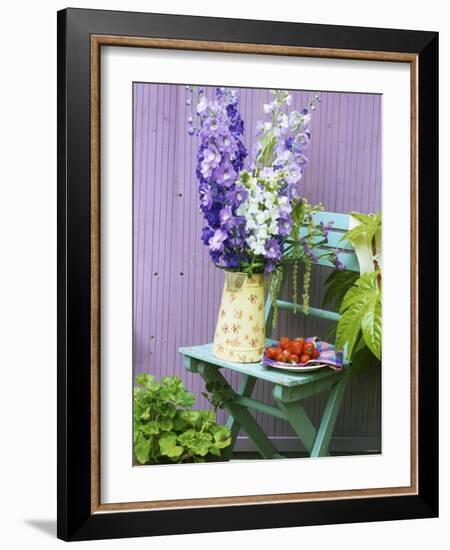 Garden Chair with Delphiniums and Plate of Strawberries-Linda Burgess-Framed Photographic Print