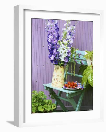 Garden Chair with Delphiniums and Plate of Strawberries-Linda Burgess-Framed Photographic Print