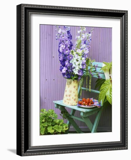 Garden Chair with Delphiniums and Plate of Strawberries-Linda Burgess-Framed Photographic Print