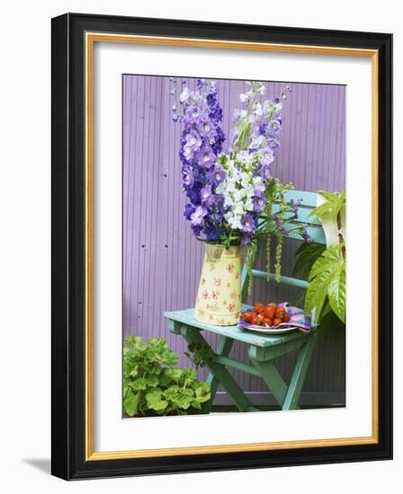 Garden Chair with Delphiniums and Plate of Strawberries-Linda Burgess-Framed Photographic Print