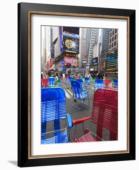 Garden Chairs in the Road for the Public to Sit in the Pedestrian Zone of Times Square, Manhattan-Amanda Hall-Framed Photographic Print