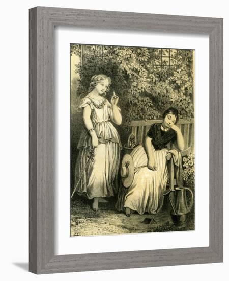 Garden Girls 19th Century Bench Flowers Hat Closed Eyes Book-null-Framed Giclee Print