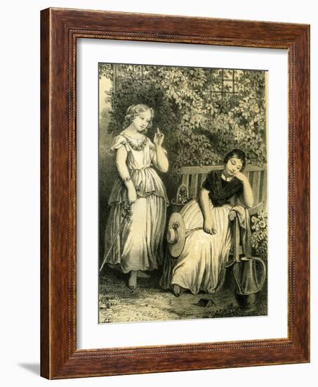 Garden Girls 19th Century Bench Flowers Hat Closed Eyes Book-null-Framed Giclee Print