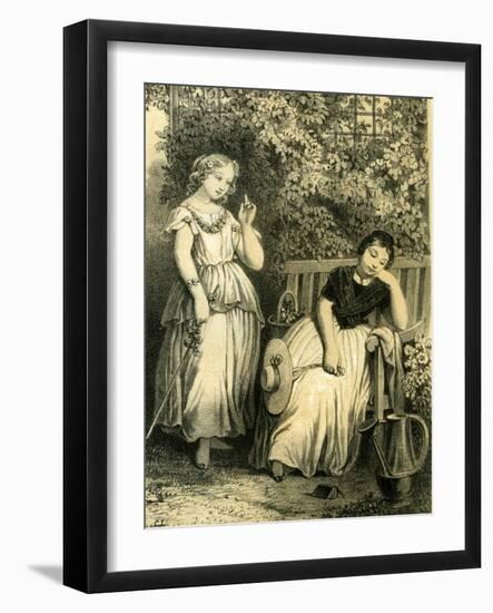 Garden Girls 19th Century Bench Flowers Hat Closed Eyes Book-null-Framed Giclee Print