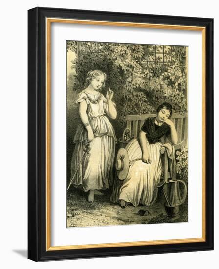 Garden Girls 19th Century Bench Flowers Hat Closed Eyes Book-null-Framed Giclee Print