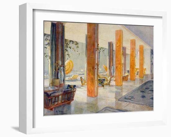 Garden Hall of a Hotel, 1929 (Colour Litho)-M. Stier-Framed Giclee Print