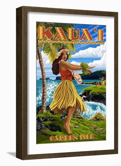 Garden Isle - Kauai, Hawaii - Hula Girl on Coast-Lantern Press-Framed Art Print