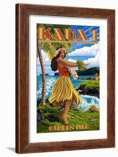 Garden Isle - Kauai, Hawaii - Hula Girl on Coast-Lantern Press-Framed Art Print