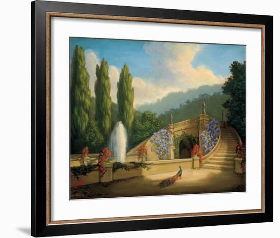 Garden with Peacock and Fountain-Tim Ashkar-Framed Art Print