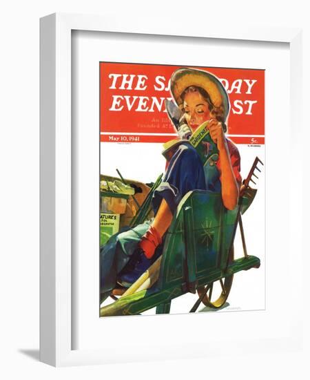 "Gardener in Wheelbarrow," Saturday Evening Post Cover, May 10, 1941-Dominice Cammerota-Framed Giclee Print