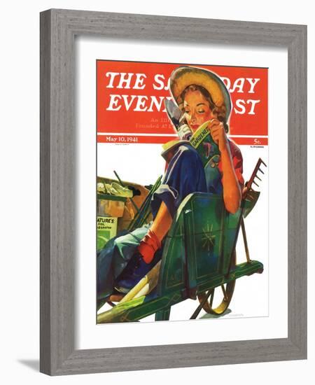 "Gardener in Wheelbarrow," Saturday Evening Post Cover, May 10, 1941-Dominice Cammerota-Framed Giclee Print