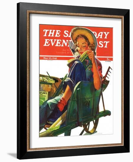 "Gardener in Wheelbarrow," Saturday Evening Post Cover, May 10, 1941-Dominice Cammerota-Framed Giclee Print