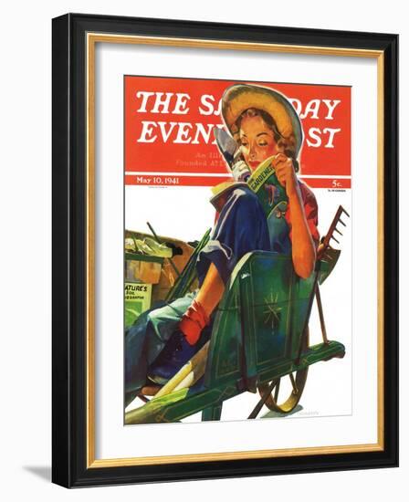 "Gardener in Wheelbarrow," Saturday Evening Post Cover, May 10, 1941-Dominice Cammerota-Framed Giclee Print
