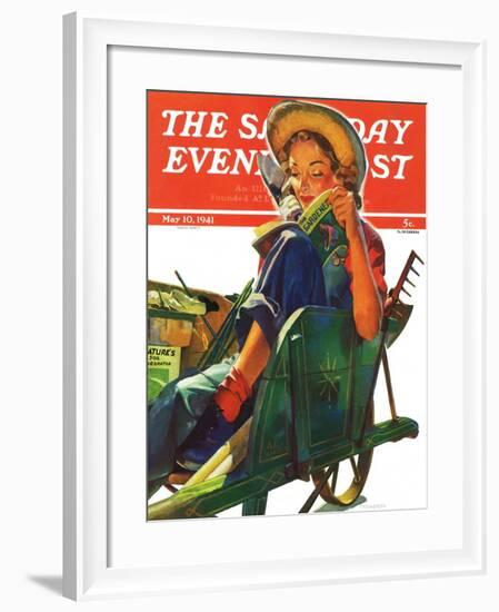 "Gardener in Wheelbarrow," Saturday Evening Post Cover, May 10, 1941-Dominice Cammerota-Framed Giclee Print