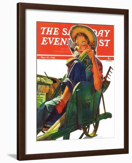 "Gardener in Wheelbarrow," Saturday Evening Post Cover, May 10, 1941-Dominice Cammerota-Framed Giclee Print