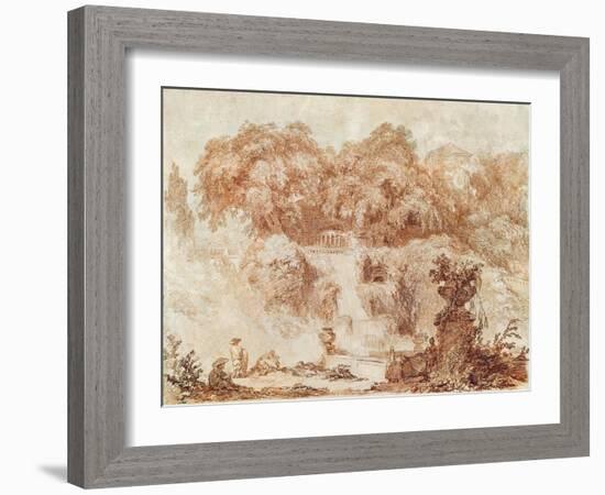 Gardens of the Villa D'Este, from the Foot of the Waterfall (Red Chalk on Paper)-Jean-Honore Fragonard-Framed Giclee Print