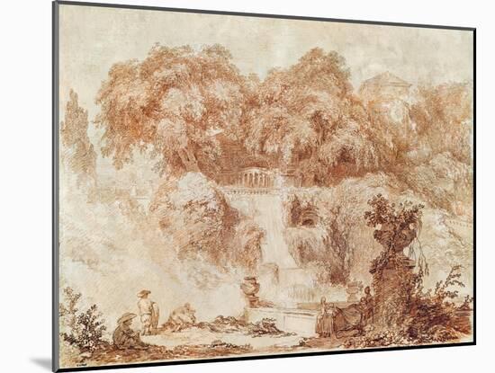 Gardens of the Villa D'Este, from the Foot of the Waterfall (Red Chalk on Paper)-Jean-Honore Fragonard-Mounted Giclee Print