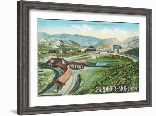 Gardiner, Montana - Yellowstone National Park - Aerial View of Gardiner Depot, Stone Arch-Lantern Press-Framed Art Print