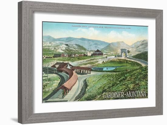 Gardiner, Montana - Yellowstone National Park - Aerial View of Gardiner Depot, Stone Arch-Lantern Press-Framed Art Print