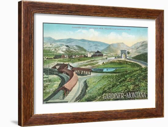 Gardiner, Montana - Yellowstone National Park - Aerial View of Gardiner Depot, Stone Arch-Lantern Press-Framed Art Print