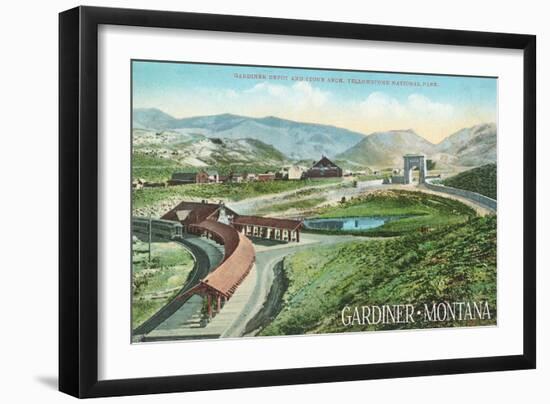 Gardiner, Montana - Yellowstone National Park - Aerial View of Gardiner Depot, Stone Arch-Lantern Press-Framed Art Print