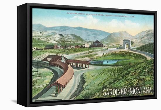 Gardiner, Montana - Yellowstone National Park - Aerial View of Gardiner Depot, Stone Arch-Lantern Press-Framed Stretched Canvas