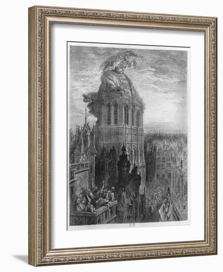 Gargantua on the Towers of Notre-Dame at Paris, Illustration from "Gargantua"-Gustave Doré-Framed Giclee Print