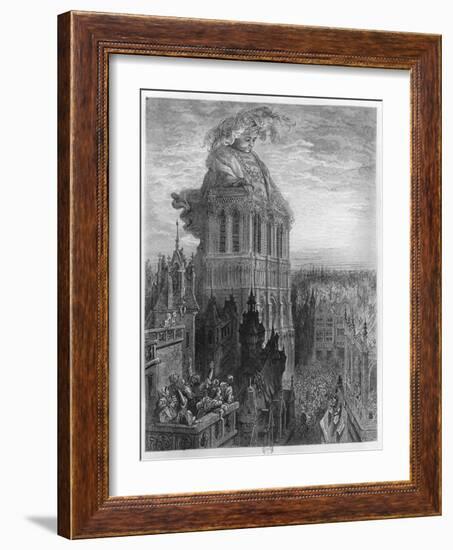 Gargantua on the Towers of Notre-Dame at Paris, Illustration from "Gargantua"-Gustave Doré-Framed Giclee Print