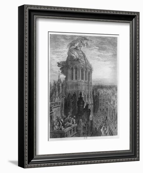 Gargantua on the Towers of Notre-Dame at Paris, Illustration from "Gargantua"-Gustave Doré-Framed Giclee Print