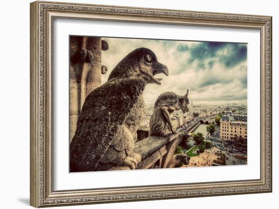 Gargoyles and Chimera Statues of Notre Dame over Paris, France Skyline. Dark Clouds, Vintage-Michal Bednarek-Framed Photographic Print