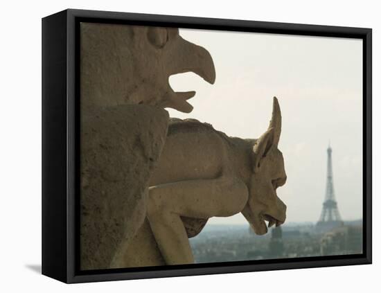 Gargoyles on Notre Dame Cathedral, and Beyond, the Eiffel Tower, Paris, France, Europe-Woolfitt Adam-Framed Premier Image Canvas